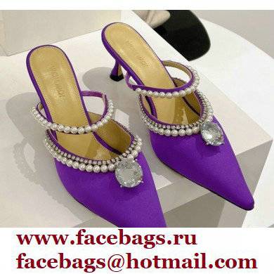 Mach & Mach Heel 6cm Pearl Crystal Mules Satin Purple 2022 - Click Image to Close